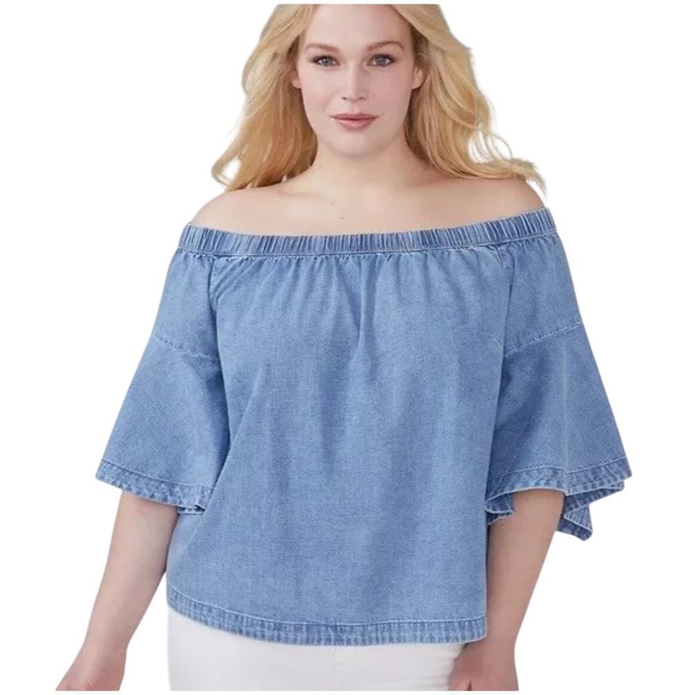 LANE BRYANT Off the Shoulder Denim Chambray Top Flared Bell Sleeves 14/1…​​